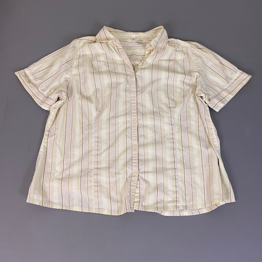 St. Johns Bay Button Up Shirt Women's 1X Stretch Short Sleeve Striped Yellow